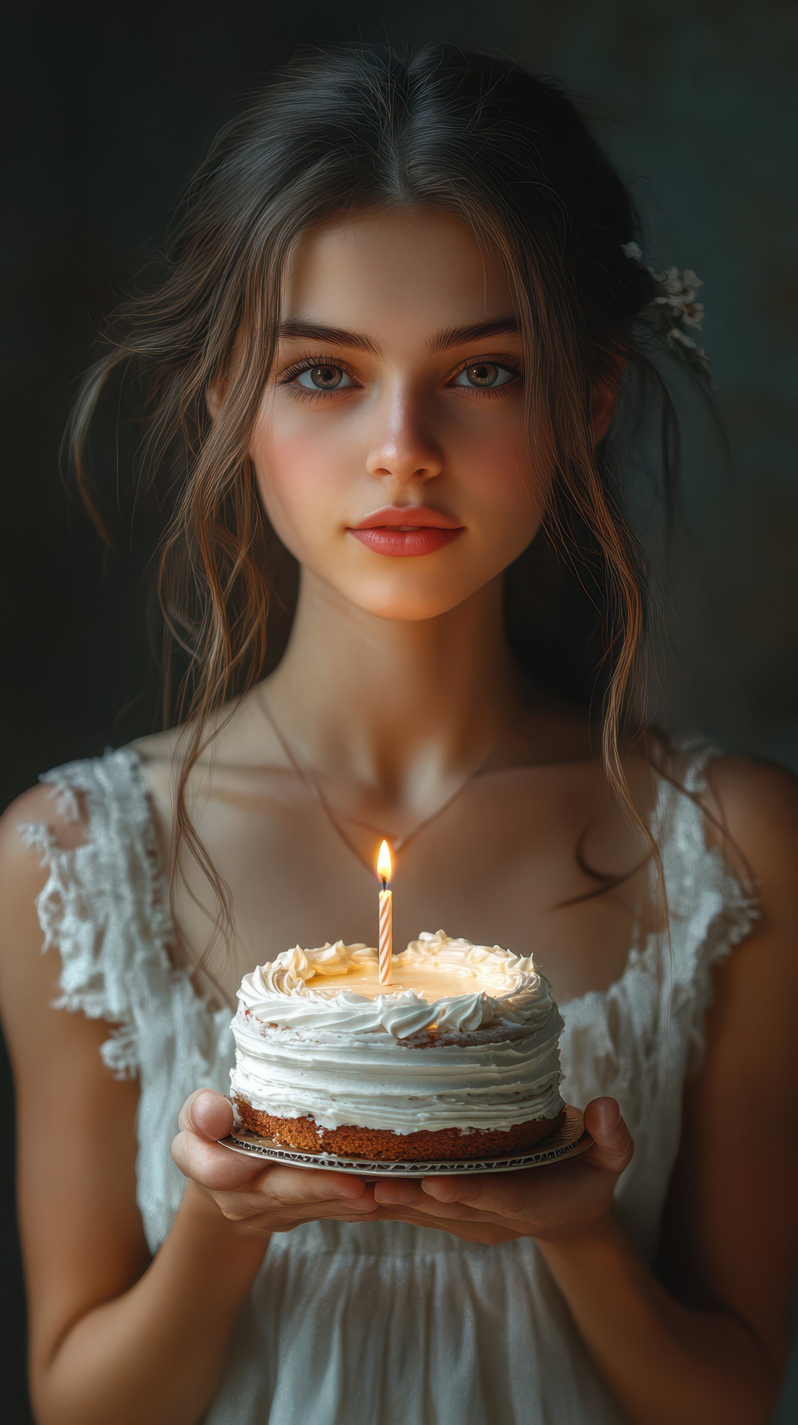 Young girl holds a beautifully decorated birthday cake with a lit candle in a cozy indoor setting during evening hours